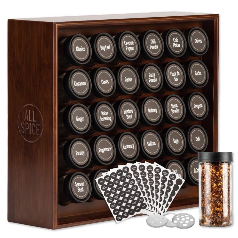 AllSpice Spice Rack Organizer Wood 525 Unique Labels Countertop or Wall Mount Includes 30 4oz Jars Walnut Stain