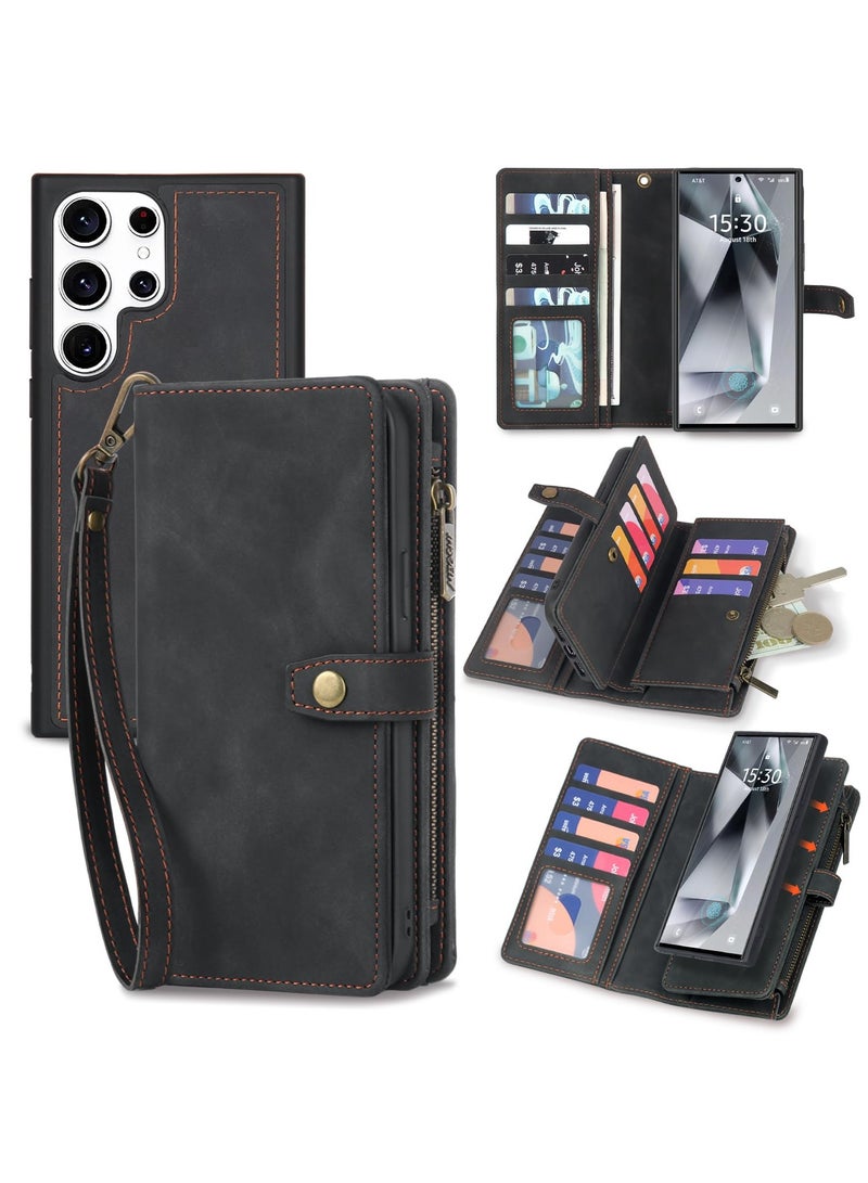 Excefore Case for Samsung Galaxy S24 Ultra Wallet with Card Holder Detachable Magnetic Phone Case 2 in 1 Flip Cover PU Leather All-Round Protective Phone Case Wallet with Wrist Strap Black - Image 1