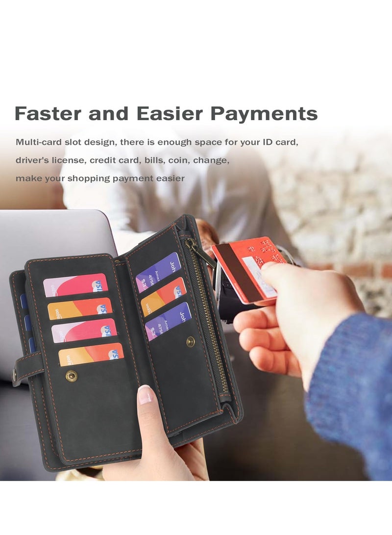 Excefore Case for Samsung Galaxy S24 Ultra Wallet with Card Holder Detachable Magnetic Phone Case 2 in 1 Flip Cover PU Leather All-Round Protective Phone Case Wallet with Wrist Strap Black - Image 5