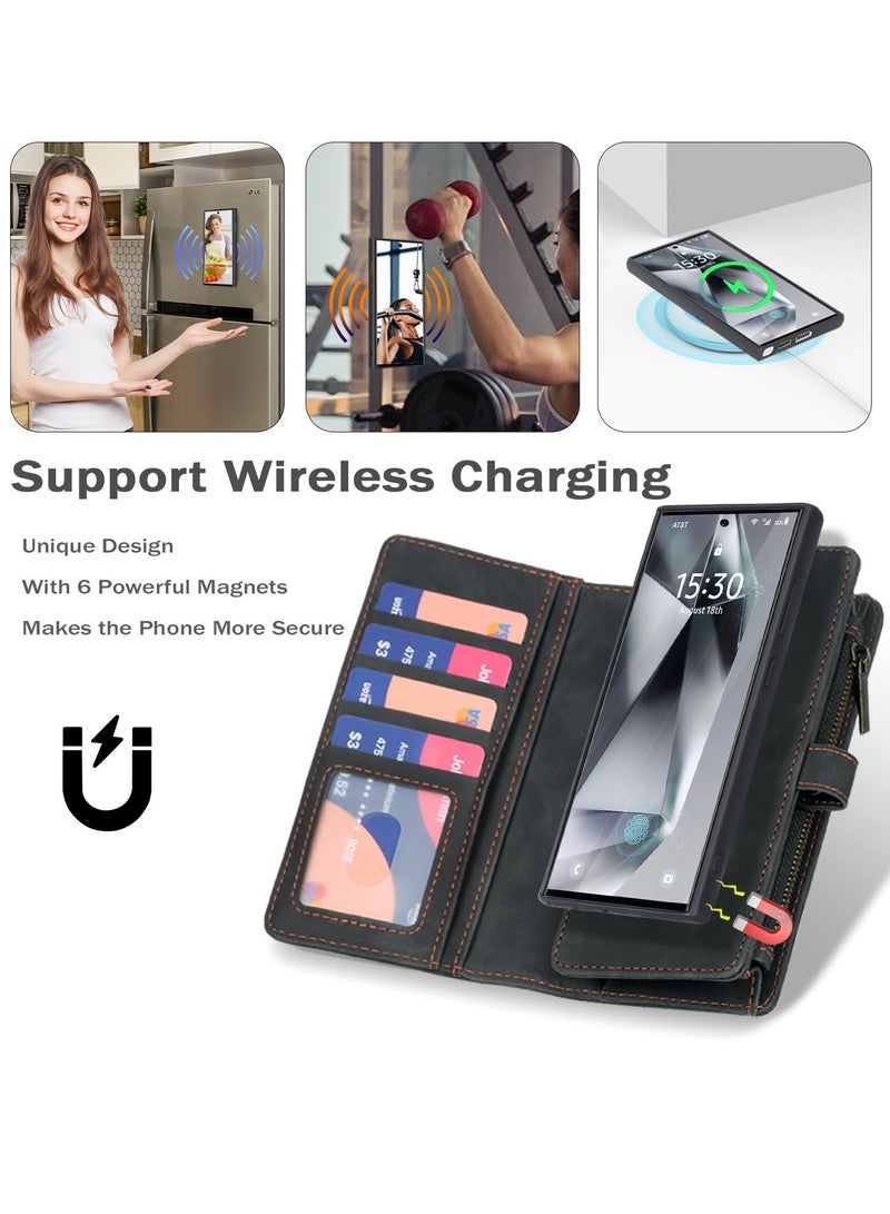 Excefore Case for Samsung Galaxy S24 Ultra Wallet with Card Holder Detachable Magnetic Phone Case 2 in 1 Flip Cover PU Leather All-Round Protective Phone Case Wallet with Wrist Strap Black - Image 2