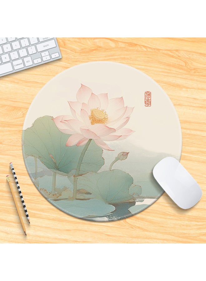 National Tide Lotus Small Size Mouse Pad Chinese Style Brush Painting Office Desk Mat Lock Edge Thickened Round Simple Flower And Bird For Men 