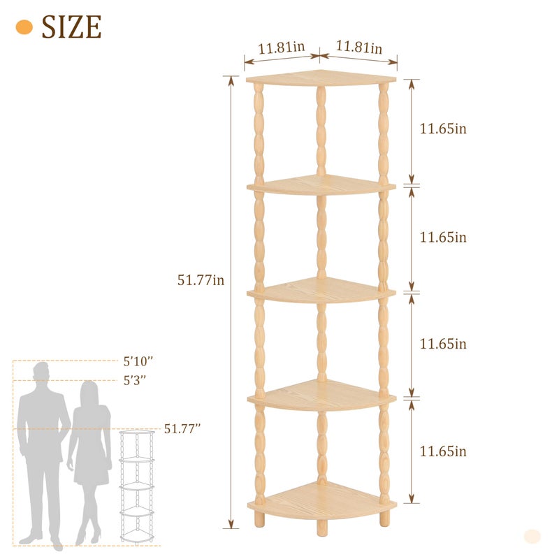 MaxSmeo Corner Shelf, 5-Tier Corner Bookshelf for Small Spaces, Stylish Corner Storage Display Shelves for Bedroom, Bathroom, Kitchen, Living Room (Natural) - Image 3