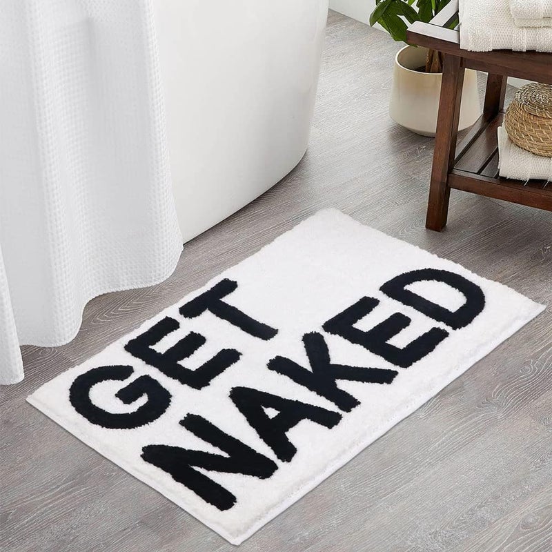 BOVEU سجادة الحمام "Get Naked" - سجاد حمام مضحك غير قابل للانزلاق وماص، ديكور حمام مضحك، سجاد حمام أبيض لحوض الاستحمام والدش، قابل للغسل في الغسالة، 32 × 20 بوصة، أبيض - Image 1