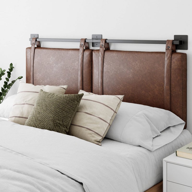 Nathan James Harlow Modern Wall Mount Hanging Headboard, Queen, Brown Faux Leather - Image 1