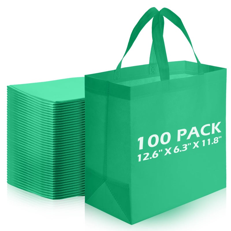 Reginary Reginary Reusable Totes Bags  100 Pcs Non Woven Grocery Handle Bags for Shop Events  Retail StoreGreen 