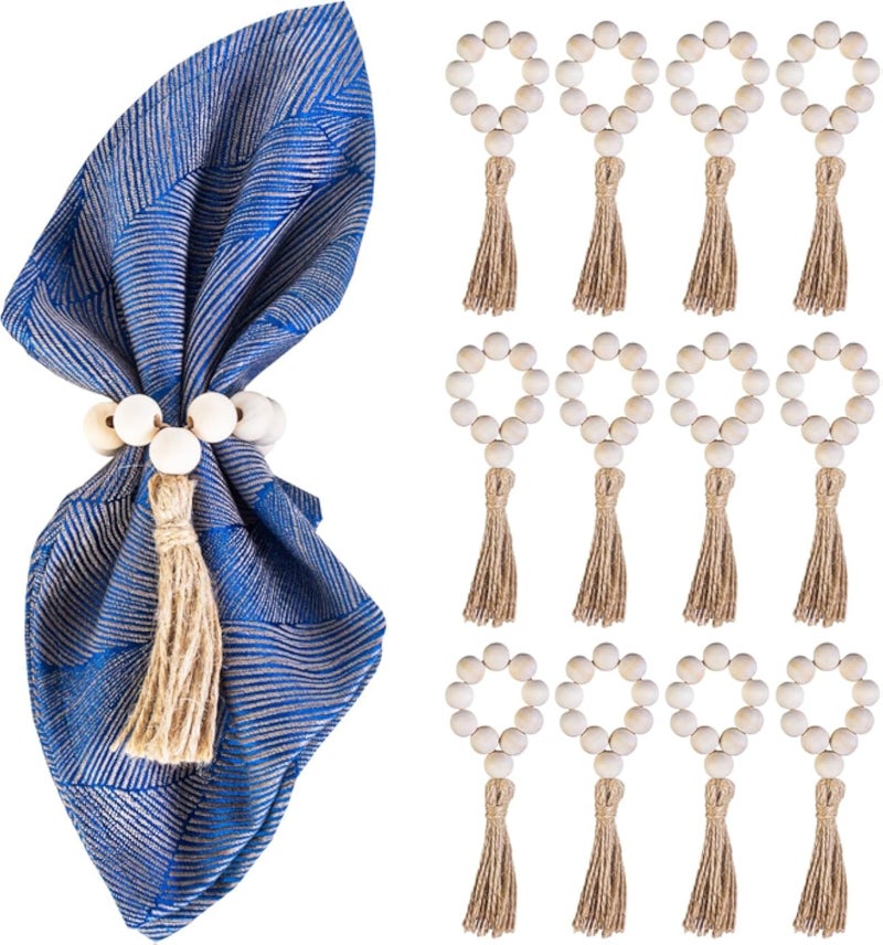 Wood Bead Napkin Rings Set of 12, Rustic Farmhouse Style Wooden Napkin Ring for Thanksgiving, Chrismas, Wedding, Holiday Dinner Party Table Decor