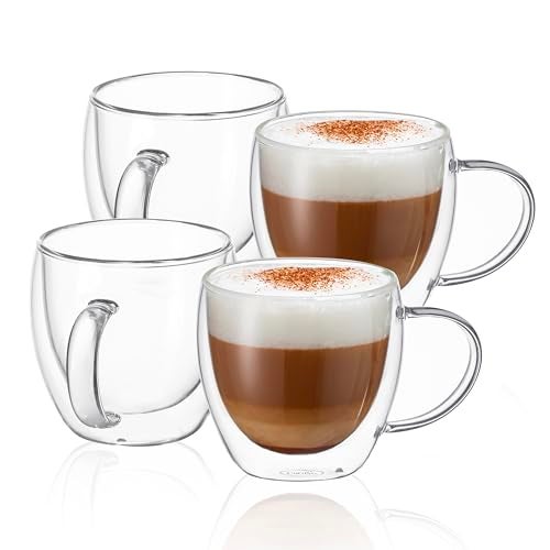 CNGLASS 8.5oz Glass Coffee Mug,Double Wall Insulated Glass Mugs with Handle,Clear Espresso Mugs for Latte,Cappuccino,Tea Bag,Set of 4 - Image 1