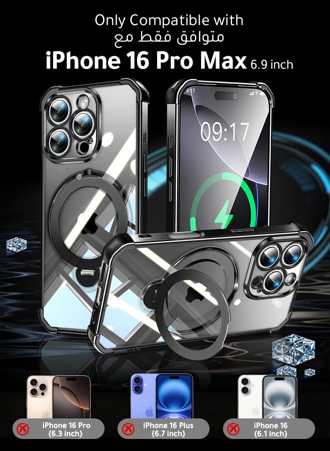 غطاء هاتف شفاف مغناطيسي لـ iPhone 16 Pro Max مقاس 6.9 بوصة، حامل حلقة دوارة بزاوية 360 درجة، متوافق مع MagSafe بقدرة 15 واط، حماية من السقوط بدرجة عسكرية، إطار أسود - Image 4