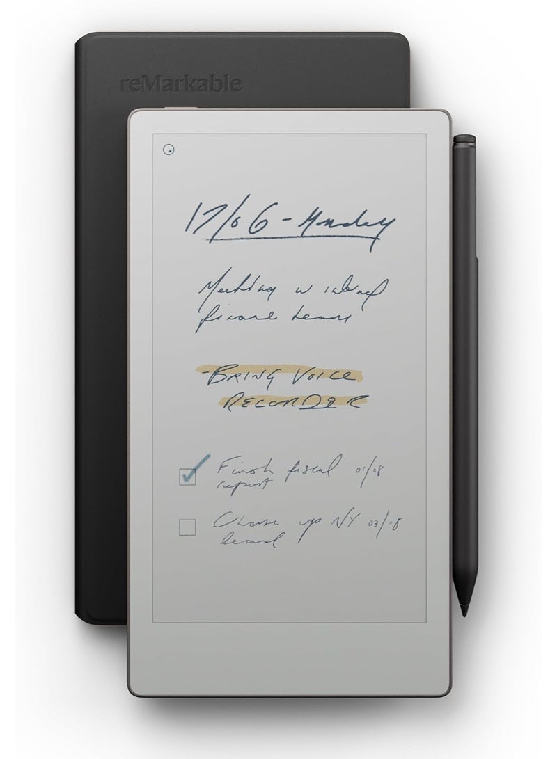 Remarkable حزمة فوليو جلدية reMarkable Paper Pro Move | جهاز لوحي ورقي ملون فائق الحمل بحجم 7.3" مع قلم ماركر وقلم مع ممحاة، وغطاء كتاب من الجلد الأسود - Image 1