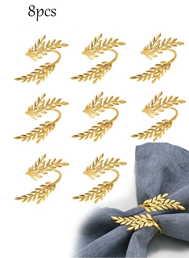YJ 8Pcs Golden Wheat Napkin Ring, Metal Wheat Leaf Napkin Rings，Gold Napkin Ring Holder For Holiday Party Wedding Christmas Party Kitchen Table Family Dinner Decoration - Image 1