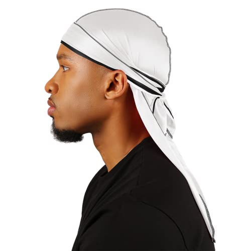 Superstitch Supersilky Ultra Silky Durag x Wavebuilder | 30+ Styles Premium Designer Durags for Men | 360 Waves |White with Black Edges (Casper) - Image 1