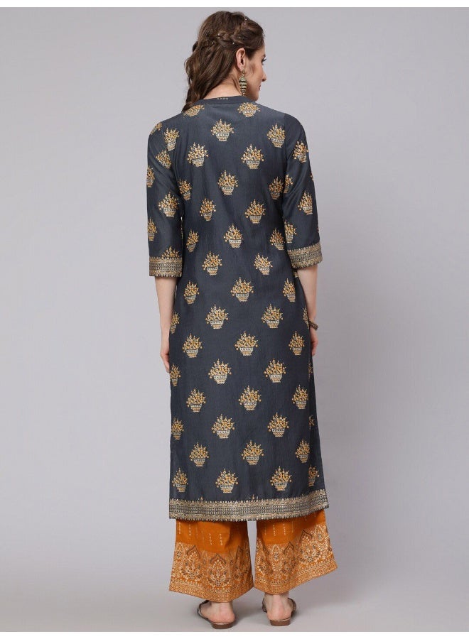 AKS AKS Ethnic Motifs Printed Band Collar Straight Kurta with Palazzos  - Image 4
