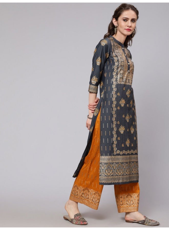 AKS AKS Ethnic Motifs Printed Band Collar Straight Kurta with Palazzos  - Image 5