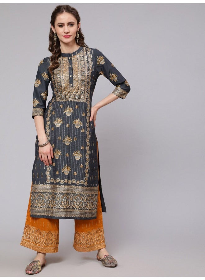 AKS AKS Ethnic Motifs Printed Band Collar Straight Kurta with Palazzos  - Image 1