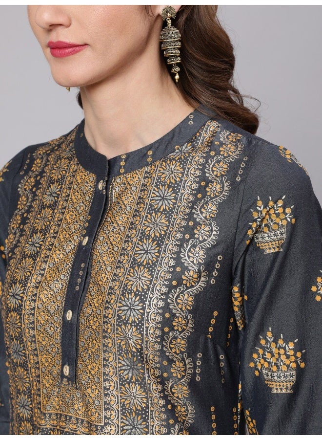 AKS AKS Ethnic Motifs Printed Band Collar Straight Kurta with Palazzos  - Image 2