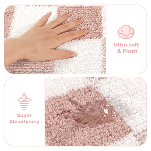 Yamaziot Checkered Bathroom Rug Sets 5 Piece, Non-Slip Ultra Absorbent Microfiber Bath Mats, Machine Washable Plush Shag Ultra Soft Bath Rug for Bathroom, Shower, Pink - Image 3