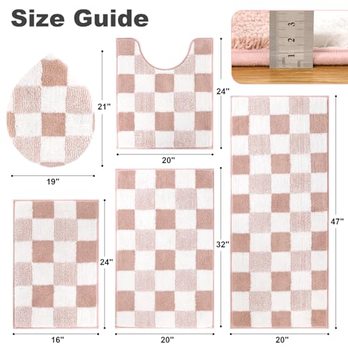 Yamaziot Checkered Bathroom Rug Sets 5 Piece, Non-Slip Ultra Absorbent Microfiber Bath Mats, Machine Washable Plush Shag Ultra Soft Bath Rug for Bathroom, Shower, Pink - Image 2