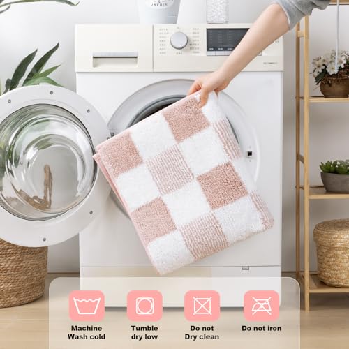 Yamaziot Checkered Bathroom Rug Sets 5 Piece, Non-Slip Ultra Absorbent Microfiber Bath Mats, Machine Washable Plush Shag Ultra Soft Bath Rug for Bathroom, Shower, Pink - Image 5