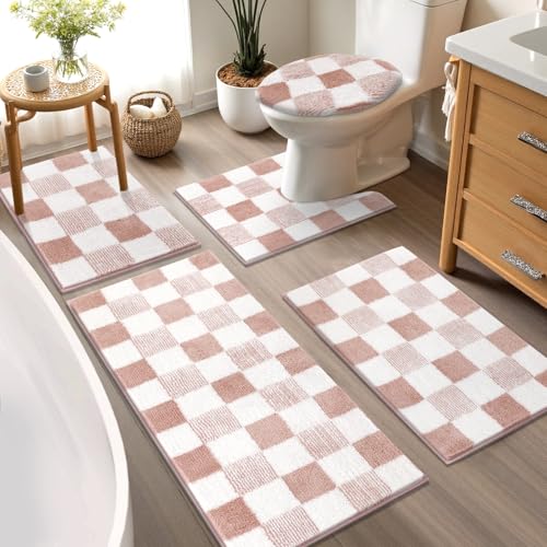 Yamaziot Checkered Bathroom Rug Sets 5 Piece, Non-Slip Ultra Absorbent Microfiber Bath Mats, Machine Washable Plush Shag Ultra Soft Bath Rug for Bathroom, Shower, Pink - Image 1