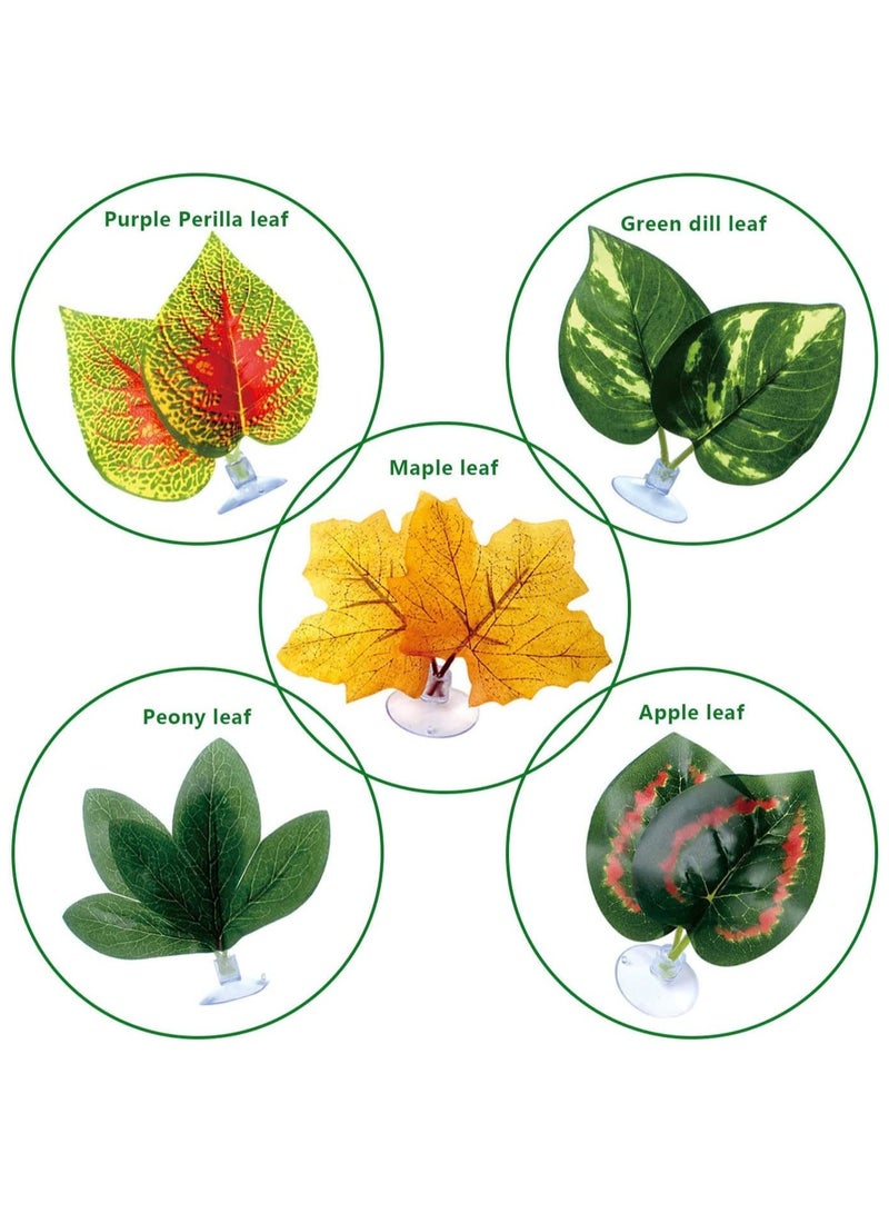 Reptile Plants Leaves, 5Pcs Artificial Plants, Terrarium Plants Habitat Decoration Accessories Decorate Grass Leaf with Suction Cup for Gecko Snake Tortoise, Decorative Landscaping Simulation Plant - Image 3