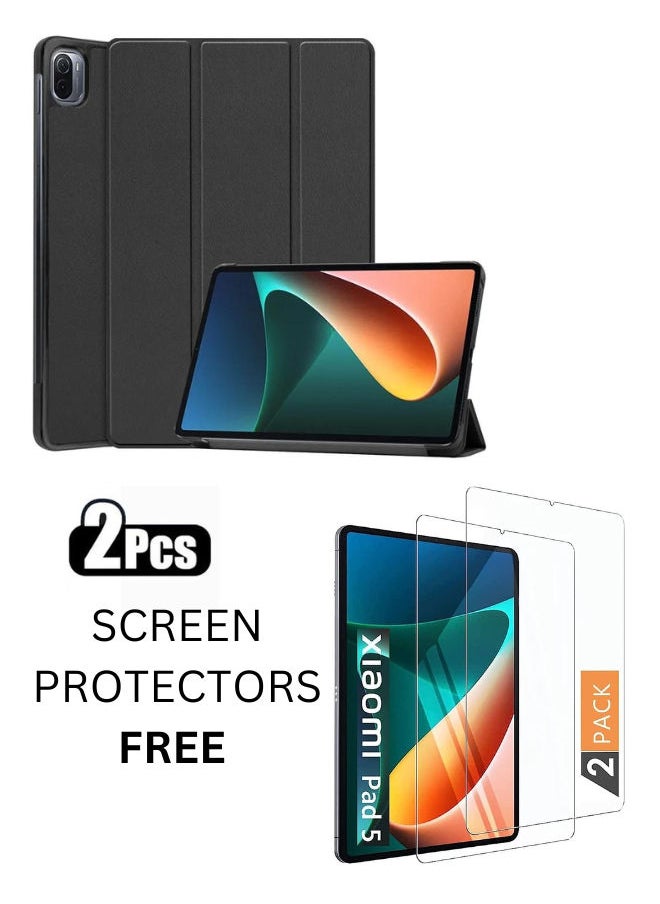 SHOPI Case for Xiaomi Pad 5/Mi Pad 5 Pro 11-inch ,Fashionable Smart Trifold Stand Cover, PU Leather Clear Transparent Back Cover for Xiao Mi Pad 5 - Black With 2 FREE Screen Protectors  - Image 1