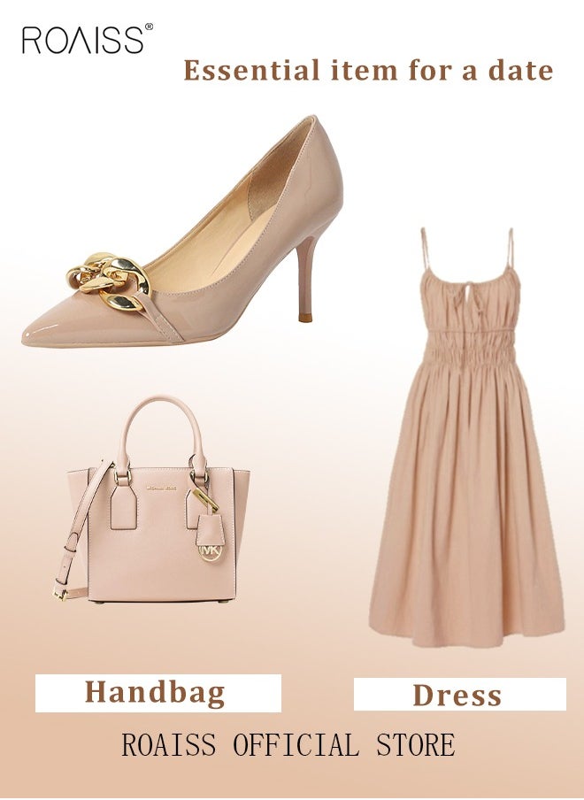 Womens Slingback Pumps Pointed Toe Low Heel Patent with Resin Buckle Women's Stiletto High Heels French Sandals