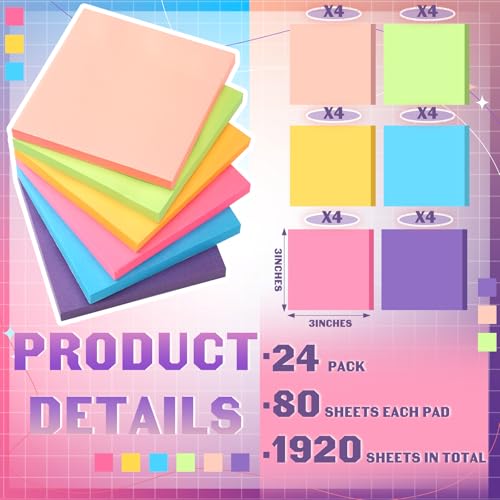 Kajaia 24 Pads Full Adhesive Sticky Notes Colorful Sticky Notes Adhesive Memo Self Stick Pads Easy to Post for Office Home School Meetings Supplies 6 Pastel Colors 80 Sheets/pad(3x3 Inches) - Image 3