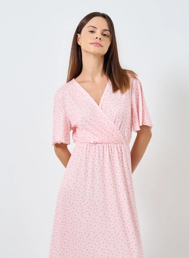 Styli Styli Ditsy Floral Print Pointelle Wrapover Nightdress