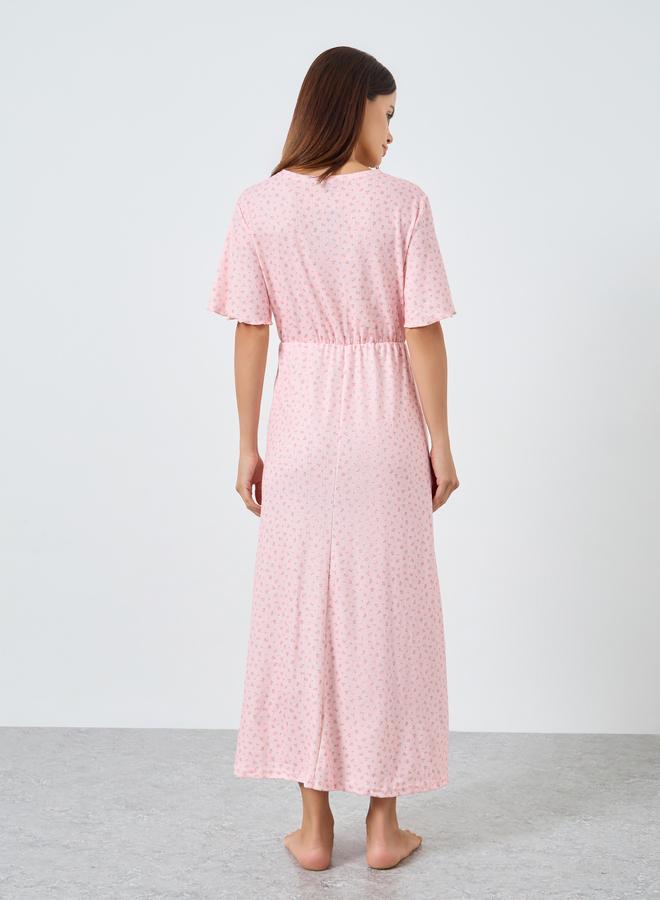 Styli Ditsy Floral Print Pointelle Wrapover Nightdress - Image 4
