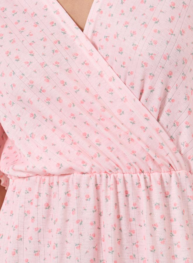 Styli Ditsy Floral Print Pointelle Wrapover Nightdress - Image 3