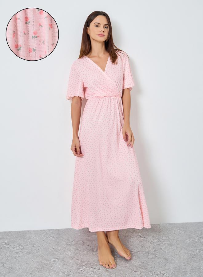 Styli Ditsy Floral Print Pointelle Wrapover Nightdress - Image 1