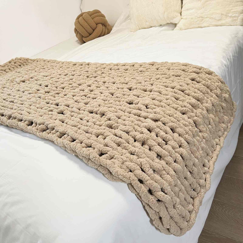 MocaDng Chunky Knit Blanket Throw 40"Ã—40", Chenille Throw Blankets, Handmade Warm & Cozy Blanket Couch Bed Home Decor, Soft Breathable Fleece Banket, Christmas for Couch Bed Sofa Best Gift (Tan) - Image 1