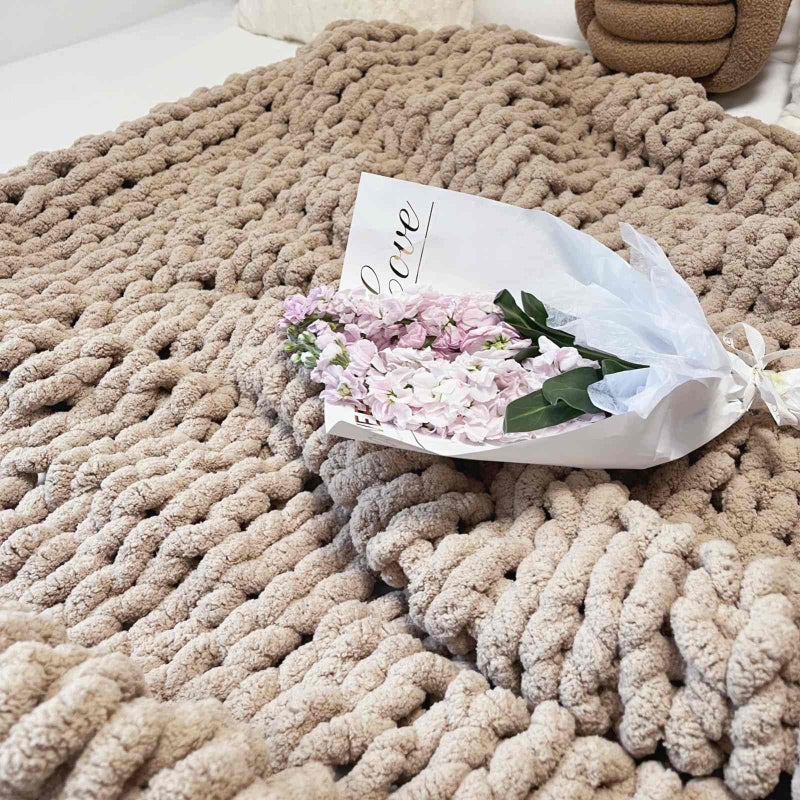 MocaDng Chunky Knit Blanket Throw 40"Ã—40", Chenille Throw Blankets, Handmade Warm & Cozy Blanket Couch Bed Home Decor, Soft Breathable Fleece Banket, Christmas for Couch Bed Sofa Best Gift (Tan) - Image 4