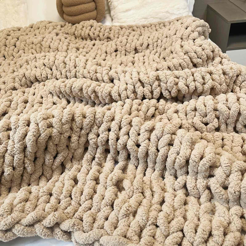 MocaDng Chunky Knit Blanket Throw 40"Ã—40", Chenille Throw Blankets, Handmade Warm & Cozy Blanket Couch Bed Home Decor, Soft Breathable Fleece Banket, Christmas for Couch Bed Sofa Best Gift (Tan) - Image 2