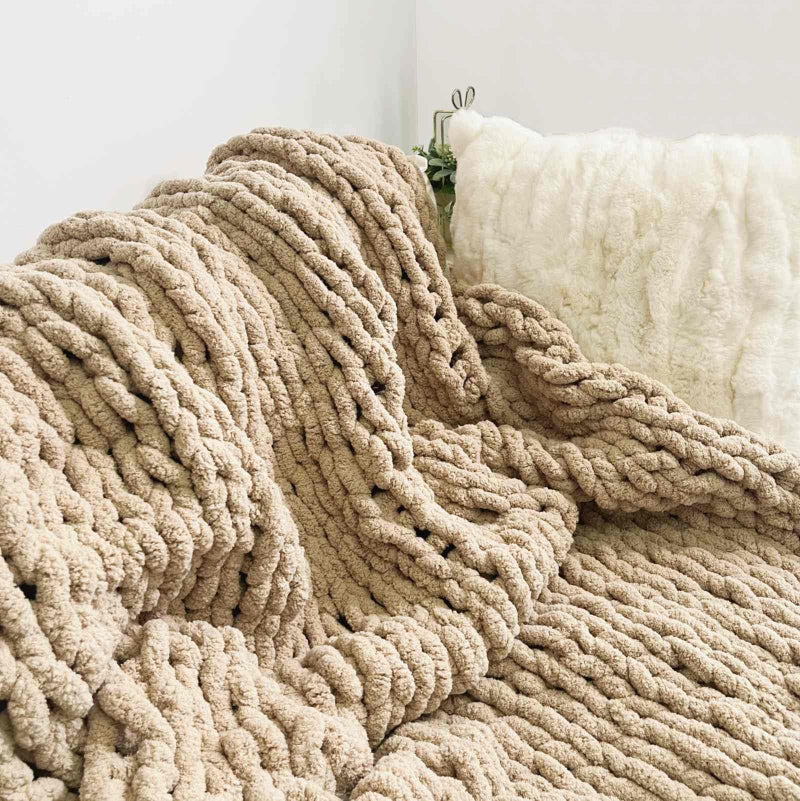 MocaDng Chunky Knit Blanket Throw 40"Ã—40", Chenille Throw Blankets, Handmade Warm & Cozy Blanket Couch Bed Home Decor, Soft Breathable Fleece Banket, Christmas for Couch Bed Sofa Best Gift (Tan) - Image 3