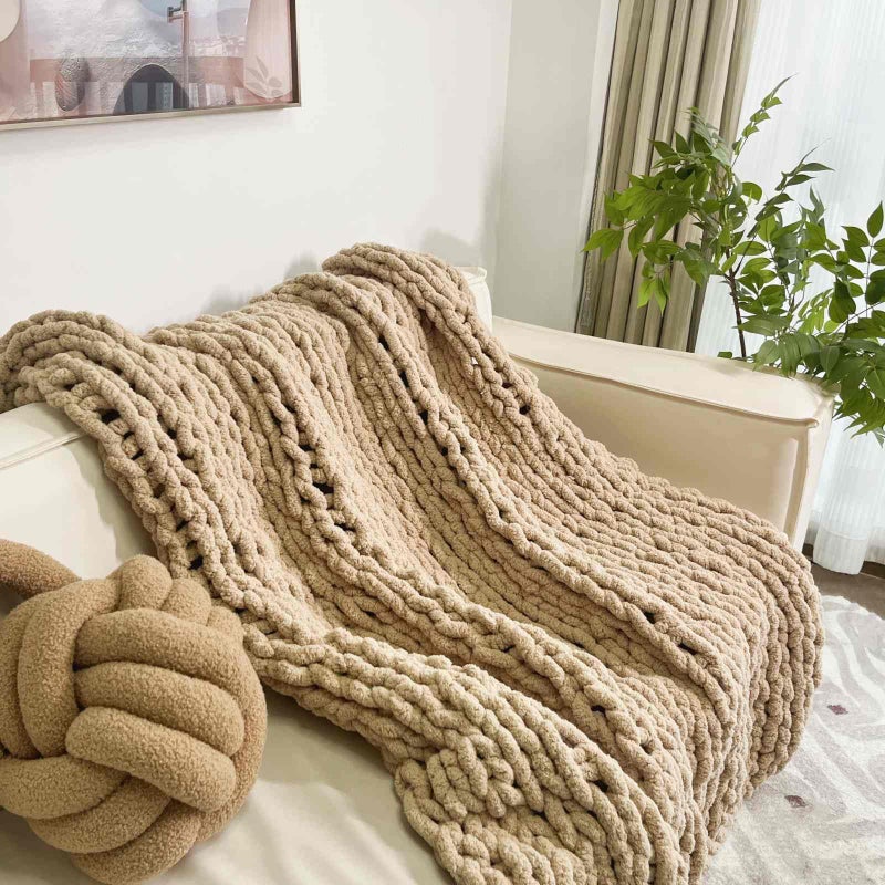MocaDng Chunky Knit Blanket Throw 40"Ã—40", Chenille Throw Blankets, Handmade Warm & Cozy Blanket Couch Bed Home Decor, Soft Breathable Fleece Banket, Christmas for Couch Bed Sofa Best Gift (Tan) - Image 5