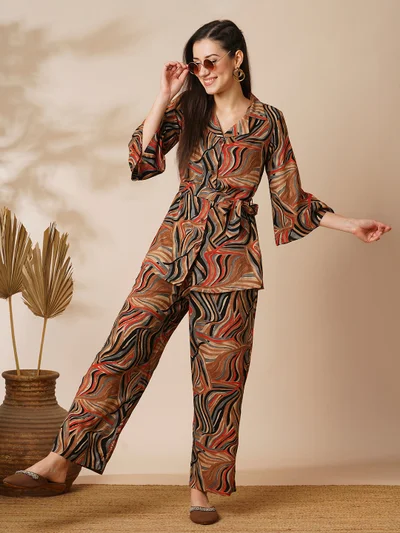 globus Women Brown & Red Foil Print Shirt Style Top & Pant