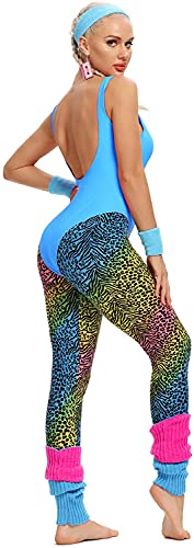 MIAIULIA Womens 80s Workout Costume Outfit 80s Accessories Set Leotard Legging Earring Leg Warmers Headband Wristbands Let's Get Physical Blue S - Image 3