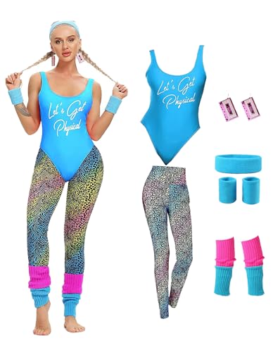 MIAIULIA Womens 80s Workout Costume Outfit 80s Accessories Set Leotard Legging Earring Leg Warmers Headband Wristbands Let's Get Physical Blue S - Image 1