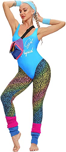MIAIULIA Womens 80s Workout Costume Outfit 80s Accessories Set Leotard Legging Earring Leg Warmers Headband Wristbands Let's Get Physical Blue S - Image 4