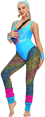 MIAIULIA Womens 80s Workout Costume Outfit 80s Accessories Set Leotard Legging Earring Leg Warmers Headband Wristbands Let's Get Physical Blue S - Image 2