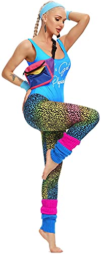 MIAIULIA Womens 80s Workout Costume Outfit 80s Accessories Set Leotard Legging Earring Leg Warmers Headband Wristbands Let's Get Physical Blue S - Image 5