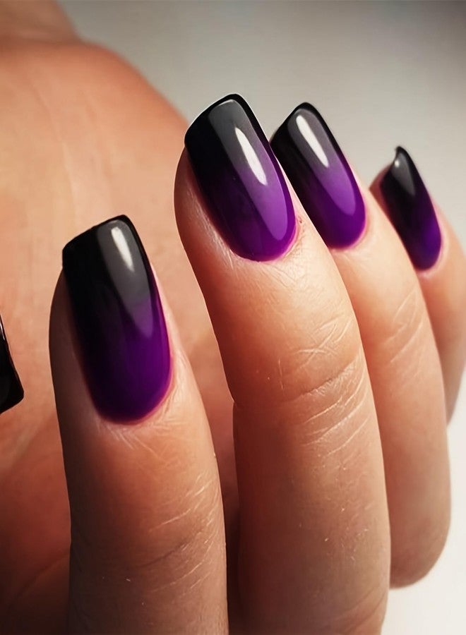 OCOUYVD Purple Press on Nails Short Square French Fake Nail Glossy False Nails with Gradient Designs Glossy Purple Black Acrylic Nails Full Cover Stick on Nails for Women and Girls 24 Pcs… - Image 1