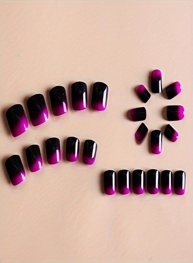 OCOUYVD Purple Press on Nails Short Square French Fake Nail Glossy False Nails with Gradient Designs Glossy Purple Black Acrylic Nails Full Cover Stick on Nails for Women and Girls 24 Pcs… - Image 3