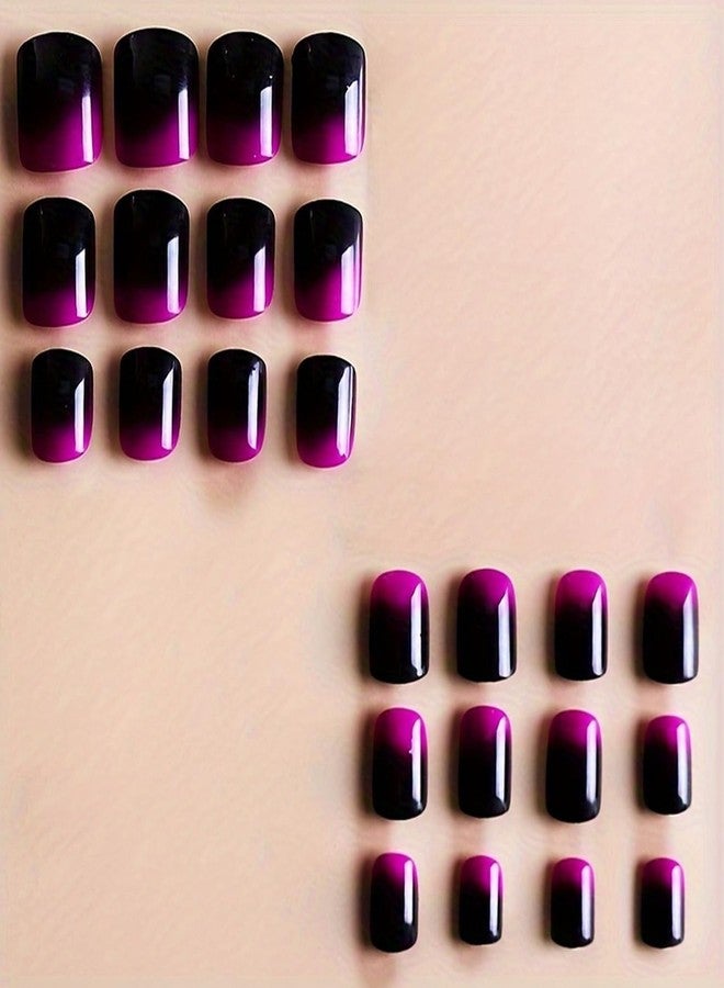 OCOUYVD Purple Press on Nails Short Square French Fake Nail Glossy False Nails with Gradient Designs Glossy Purple Black Acrylic Nails Full Cover Stick on Nails for Women and Girls 24 Pcs… - Image 2
