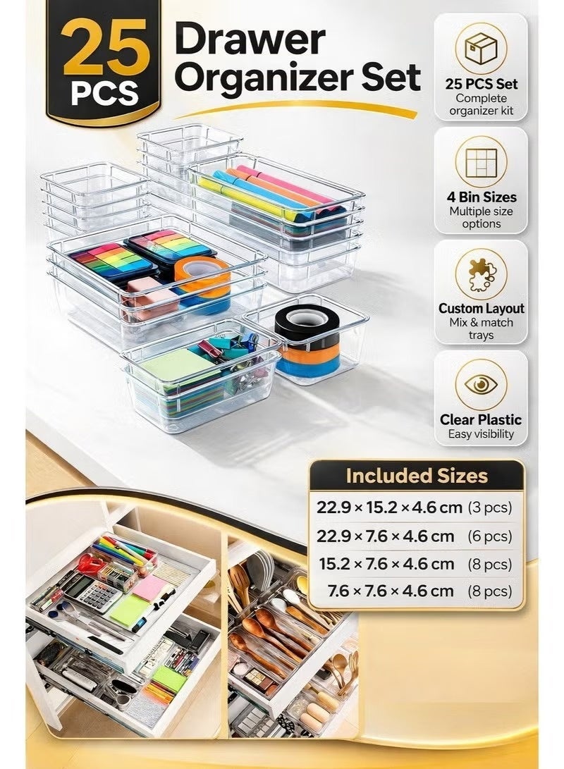 ZEESQUARE 25-Piece Clear Drawer Organizer Set – Stackable Storage Bins for Bathroom, Kitchen, Desk & Makeup – Non-Slip Dividers with 100 Silicone Pads - Image 4