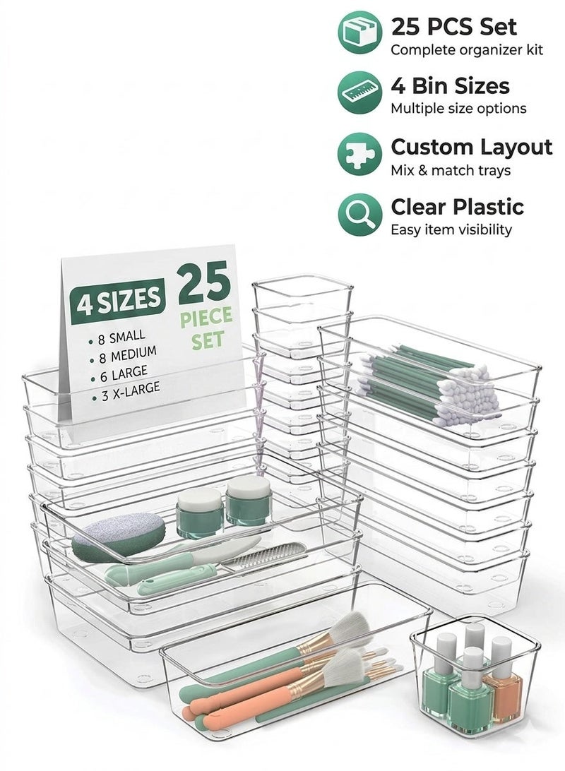 ZEESQUARE 25-Piece Clear Drawer Organizer Set – Stackable Storage Bins for Bathroom, Kitchen, Desk & Makeup – Non-Slip Dividers with 100 Silicone Pads - Image 1