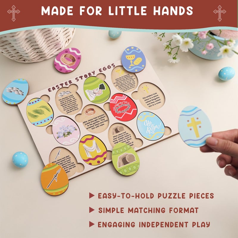 KATINAT Resurrection Easter Story Eggs - 12 Wooden 2D Egg Set with Meaningful Symbols - Christian Easter Basket Stuffer for Kids, Christian Easter Gifts for Kids, Toddler (Upgraded Edition) - Image 5