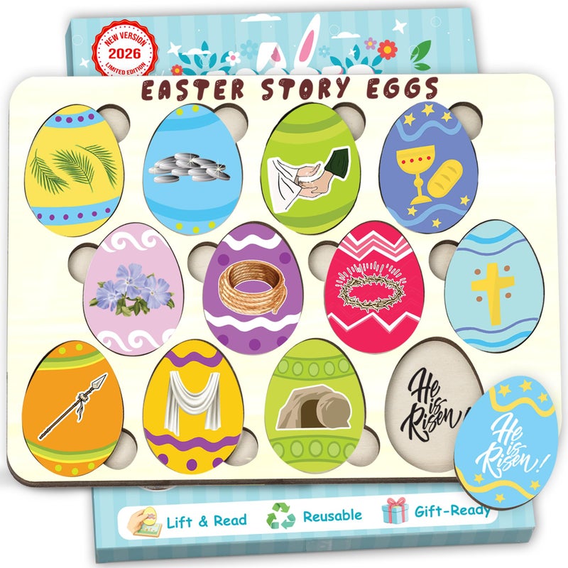 KATINAT Resurrection Easter Story Eggs - 12 Wooden 2D Egg Set with Meaningful Symbols - Christian Easter Basket Stuffer for Kids, Christian Easter Gifts for Kids, Toddler (Upgraded Edition) - Image 1