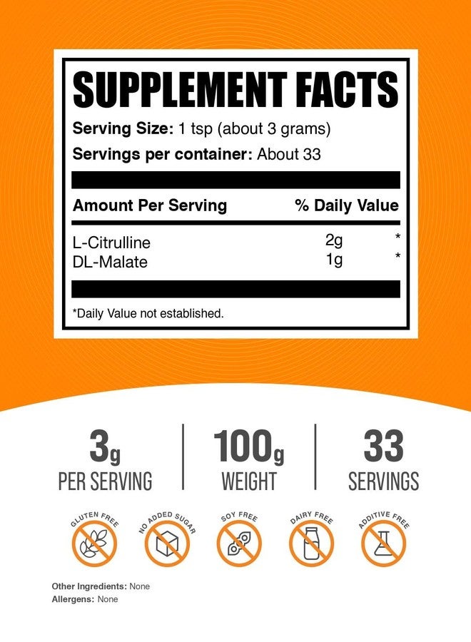 BulkSupplements.com L-Citrulline Malate 2:1 Powder - Nitric Oxide Boost, Citrulline Malate Supplement - Unflavored & Gluten Free - 3g per Servings, 100g (3.5 oz) (Pack of 1) - Image 2